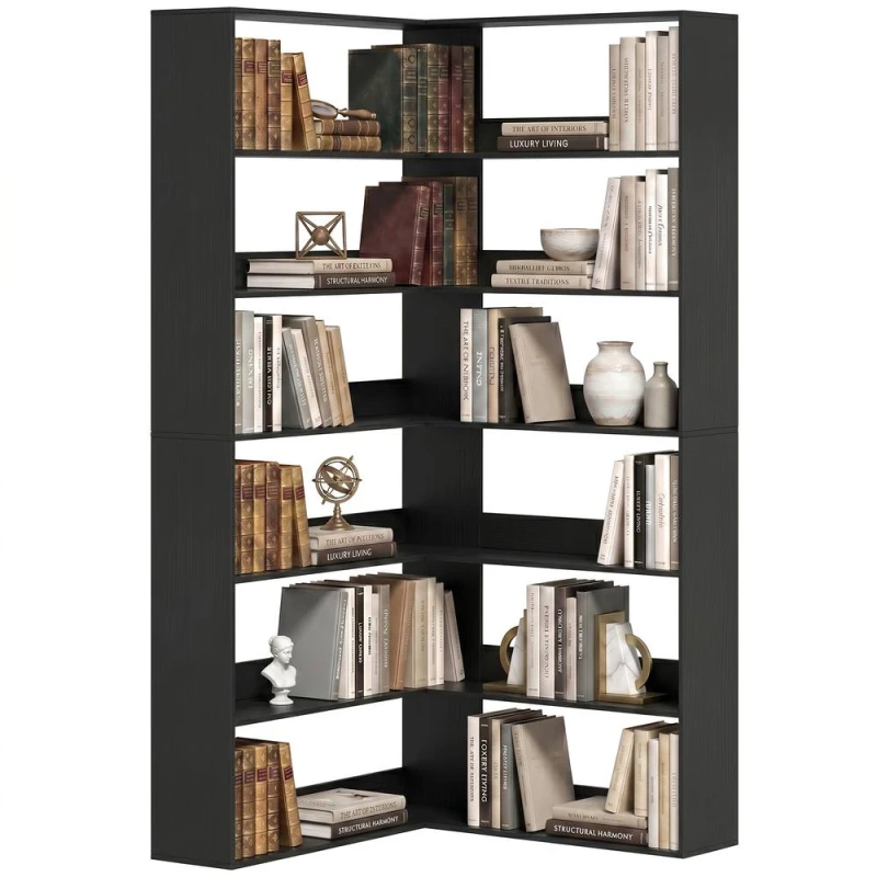 Image of HOMCOM 7 Tiers Corner Bookshelf, L-Shaped, Black Wood Effect Black Unisex