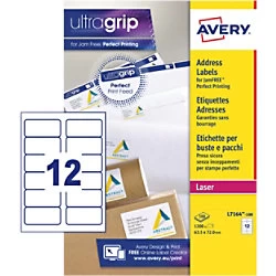 Image of AVERY Address Labels L7164-100 UltraGrip White Self Adhesive A4 63.5 x 72mm 100 Sheets of 12 Labels