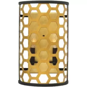 image of Loops - Twin Wall Light Hexagonal Laser Cut Steel Pattern Black Sunset Gold LED E14 60W