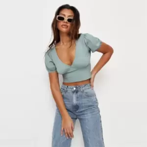 image of Missguided Puff sleeve tie back detail crop - Green