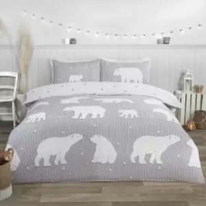 Image of Rapport Polar Bear 100% Brushed Cotton King Size Duvet Cover Set Reversible Bedding Grey - Grey