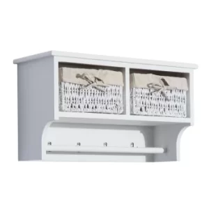 Image of HOMCOM Entryway Coat Rack Wall Mounted Shelf w/Wicker Basket and Hooks (2 Baskets, White)
