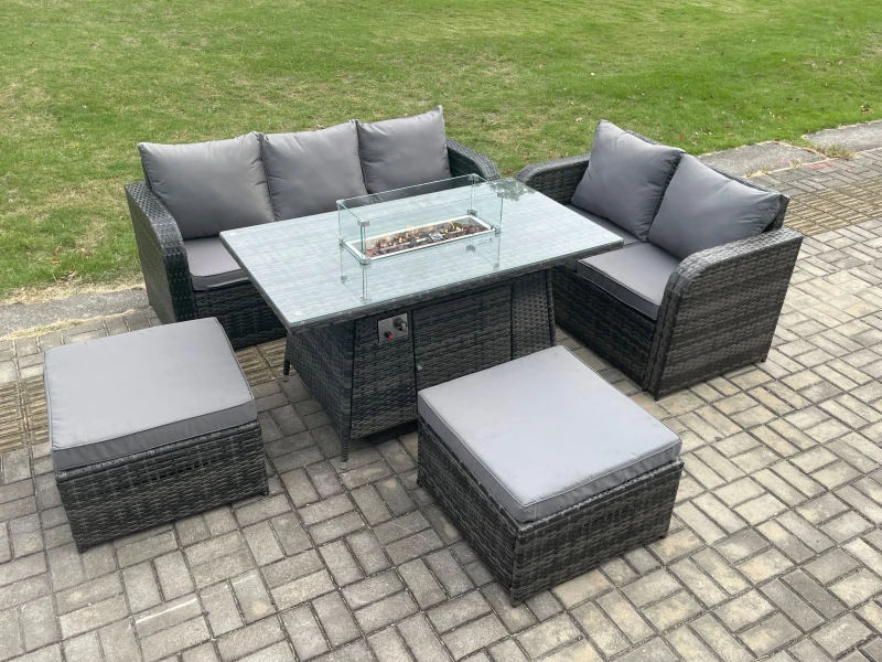 Image of Fimous PE Wicker Outdoor Rattan Garden Furniture Set Propane Gas Fire Pit Table and Sofa set with 2 Big Footstool Dark Grey