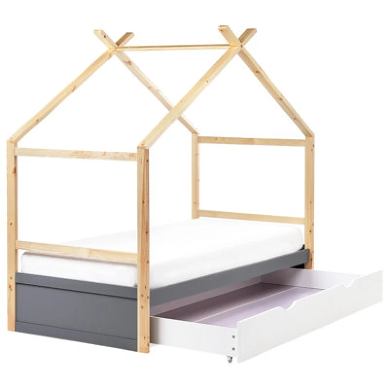 Image of Beliani Kids Bed House Pine Wood Orgeval 90 X 200 Cm (Eu Single) With Storage Grey
