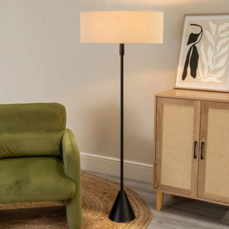 Image of ValueLights ValueLights Mitch Natural Linen Squat Lamp Shade Wooden Single Triangle Floor Lamp in Black One Size Unisex 5016529271734