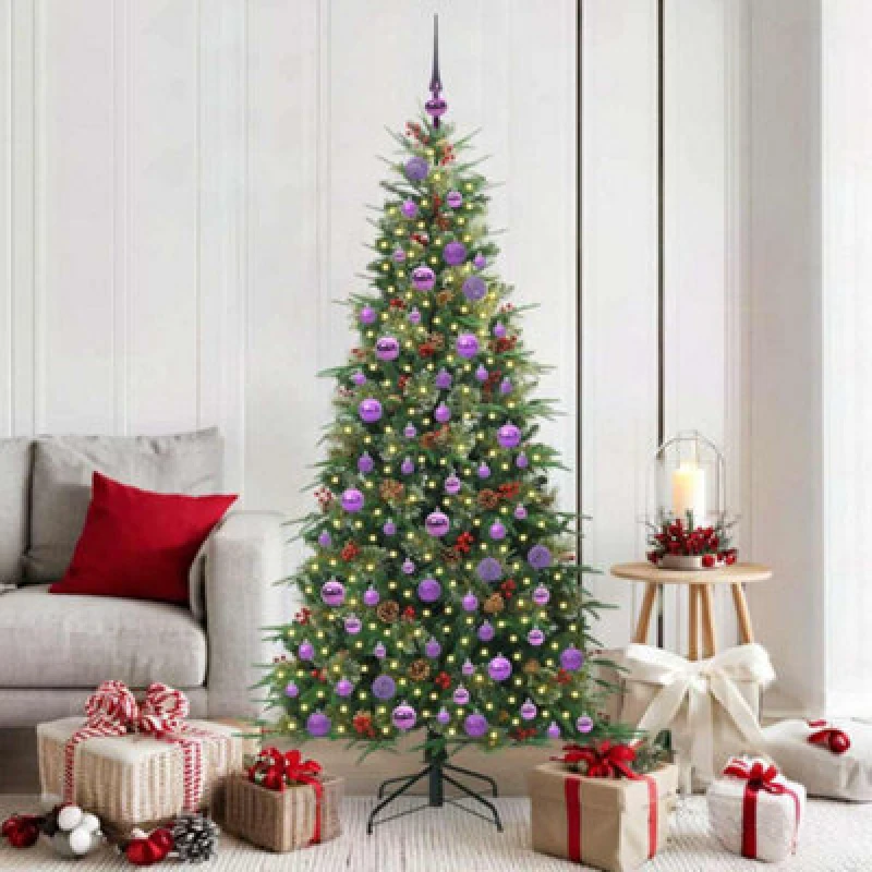 Image of vidaXL Artificial Hinged Christmas Tree with Lilac Balls Green 180cm PE and PVC, Green 3397425
