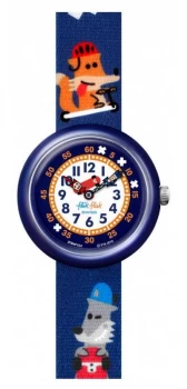 Image of Flik Flak SK8FOX Blue Fox Print Fabric Strap White Dial Watch