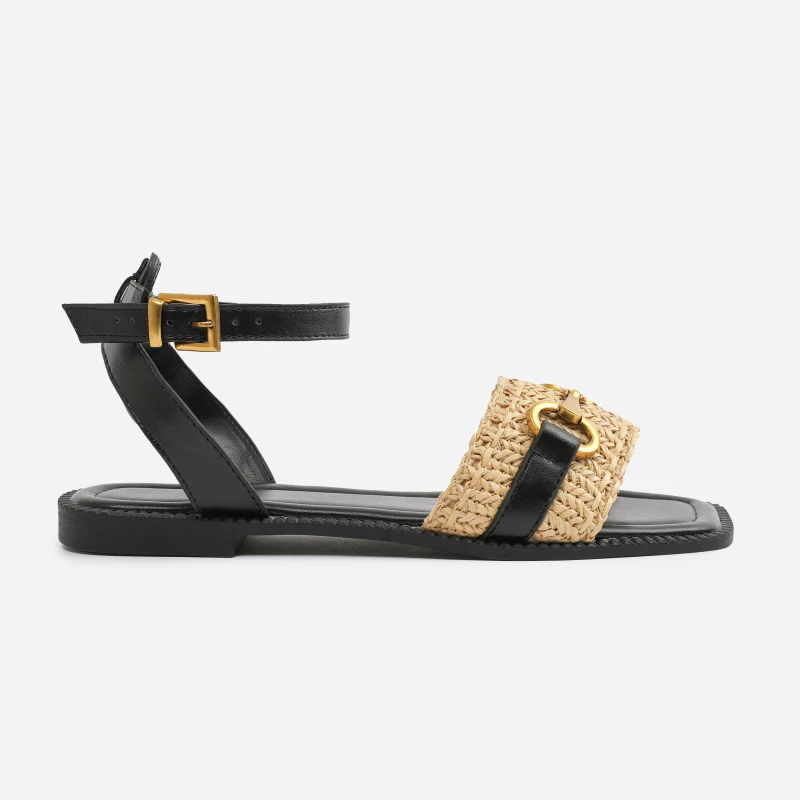 Image of Where's That From 'Bonnie' Pu Straw Detail Strap Sandals With Buckle Closure Black