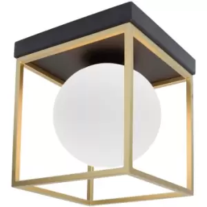 image of Netlighting Merano Dawson Globe Ceiling Light Brass, Black Metal White Opal Glas