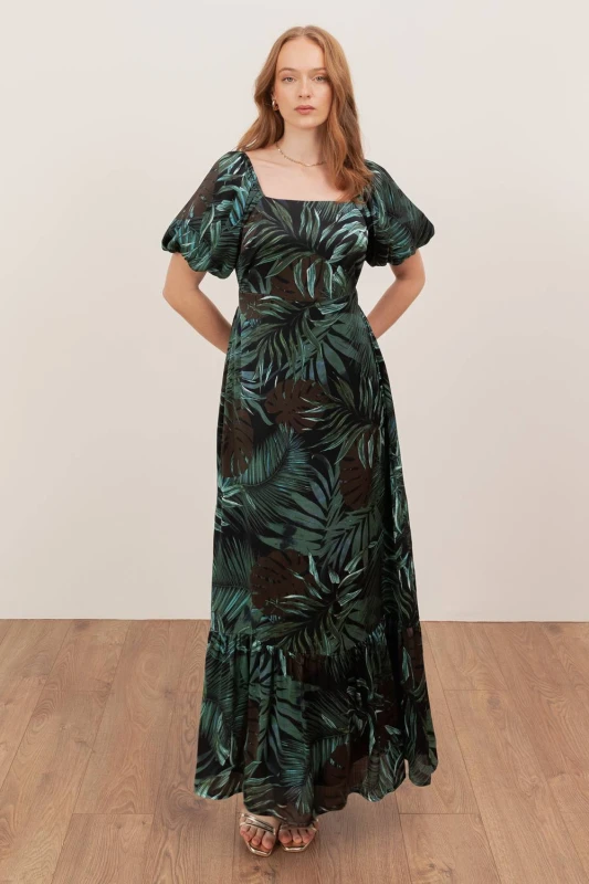 Image of Lovedrobe Womens Square Neck Short Sleeve Maxi Dress in Dark Green Size: 12 Dark Green Female 12