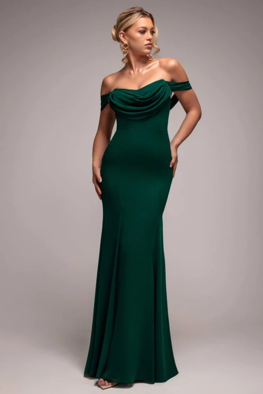 Image of Goddiva Womens Chiffon Bardot Cowl Neck Maxi Dress in Dark Green Size: 8 Dark Green Female 8