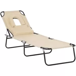 Image of Folding Sun Lounger Reclining Chair w/ Pillow Reading Hole Beige - Beige - Outsunny