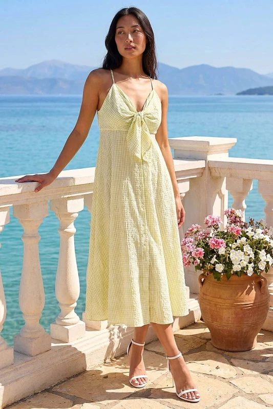 Image of Roman Womens Petite Gingham Twist Front Dress in Green Size: 18 Green Female 18