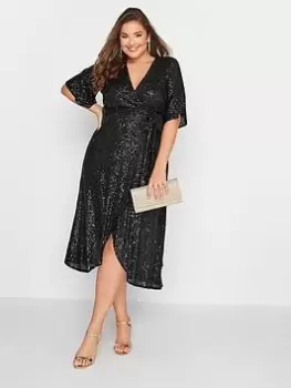Image of Yours Sequin Double Mesh Wrap Dress - Black, Size 18, Women