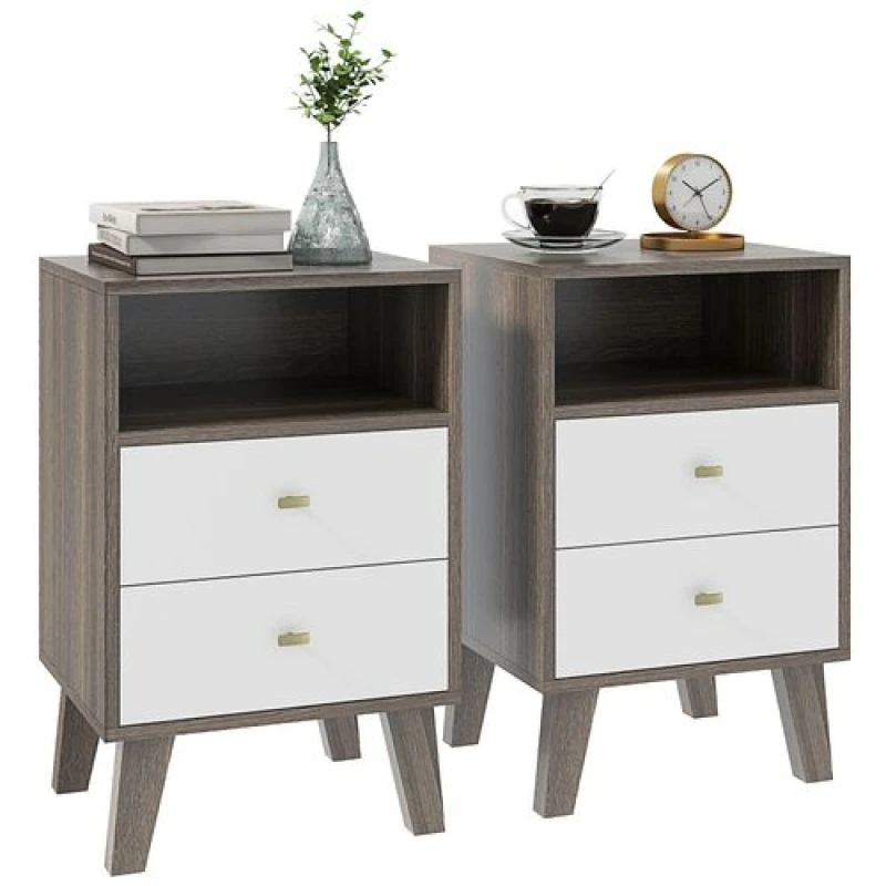 Image of HOMCOM Bedside Tables Set of 2, Modern Nightstand with 2 Drawers and Open Cubby Grey