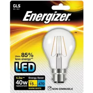 Biard - Energizer 4.3W B22 GLS Filament LED Light Bulb Bayonet Cap (BC) Energy Saver - Warm White