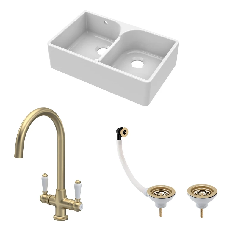 Image of Balterley 2 Bowl Stepped Weir Fireclay Butler Sink Wastes Lever Tap 795mm Bronze