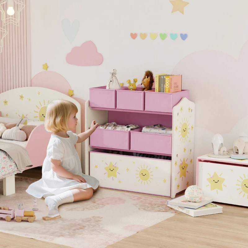 Image of AIYAPLAY 3-Tier Kids Storage Shelf with 6 Removable Fabric Boxes in Pink Pink Unisex