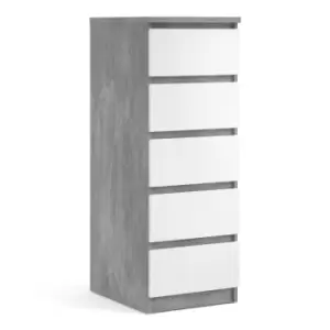 image of Naia Narrow Chest Of 5 Drawers In Concrete And White High Gloss