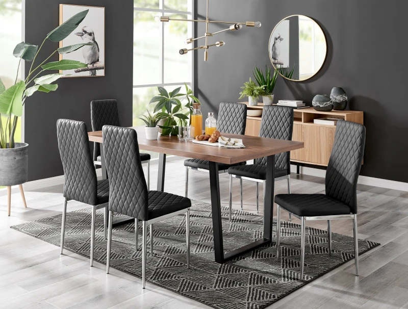 Image of FurnitureboxUK FurnitureboxUK Kylo Large Brown Wood Effect Dining Table & 6 Milan Chrome Leg Faux LeatherChairs in Black One Size Unisex 5056657