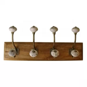 Image of 4 Double Ceramic Ivory Coat Hooks On Wooden Base