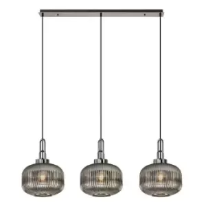 Image of Luminosa Linear 3 Light Pendant E27, Black Chrome, Matt Black With 30cm Round Ribbed Smoked Glass