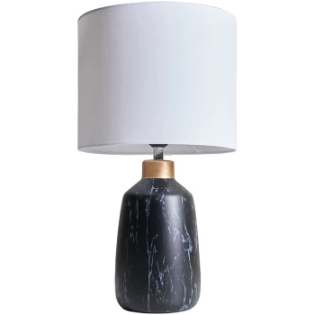 image of Black Marble Effect Table Lamp With Fabric Drum Lampshade - White