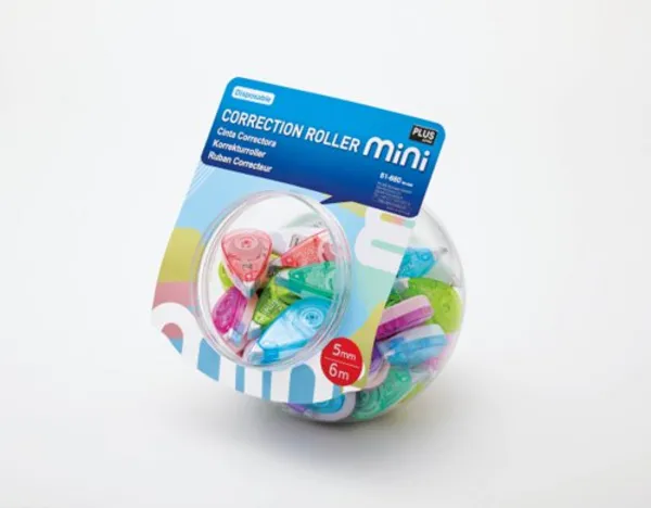 image of Plus by Pentel Plus By Pentel Correction Tape Roller Mini Candy Jar 5mm x6m Assorted Pastel Colours (Pack 50) 51660 51660