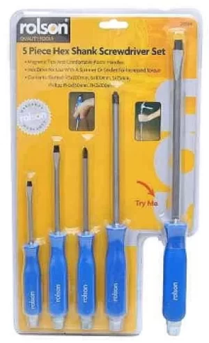 Image of Rolson Hex Shank Screwdriver Set, Blue, 5 Pieces