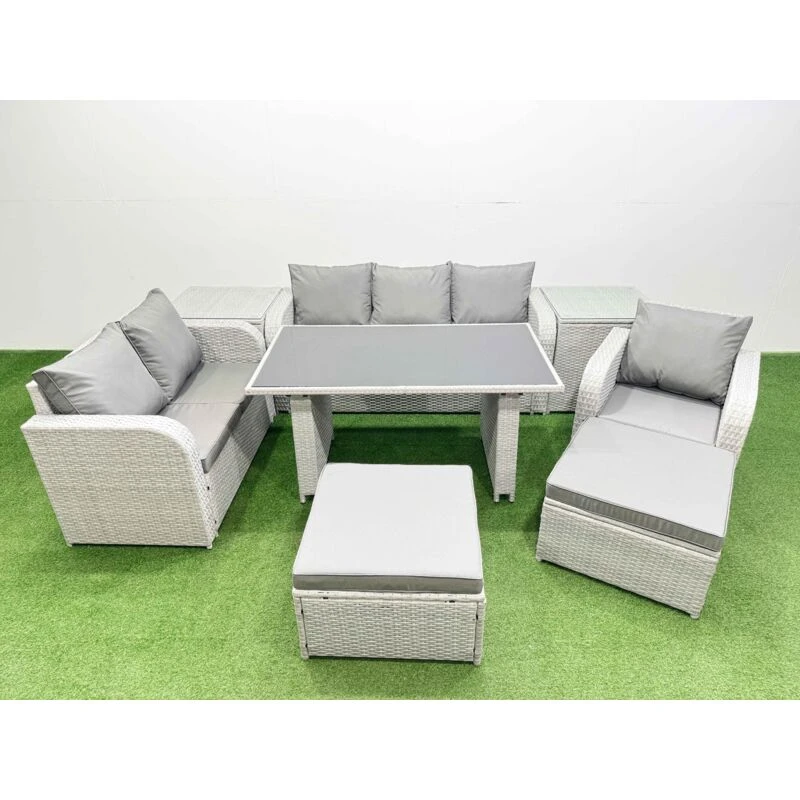 Image of Fimous Rattan Outdoor Sofa Set with 2 Side Tables 2 Stool Light Grey 8 Seater Light Grey Unisex