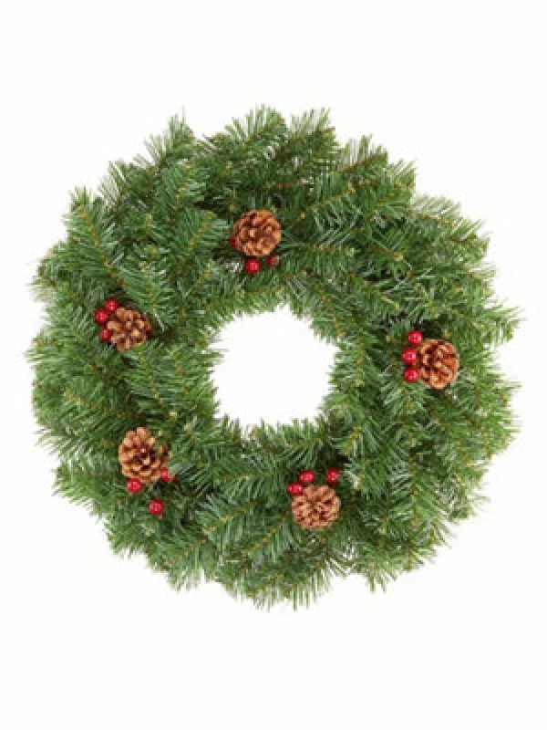 Image of Premier Decorations Green Christmas Door Wreath With Berries & Cones Decoration - 50Cm