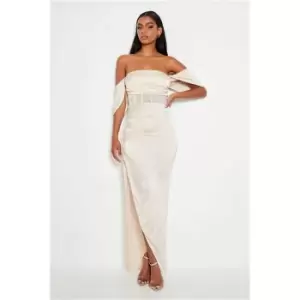 image of I Saw It First Champagne Stretch Satin Asymmetric One Shoulder Mesh Corset Maxi Dress - Nude