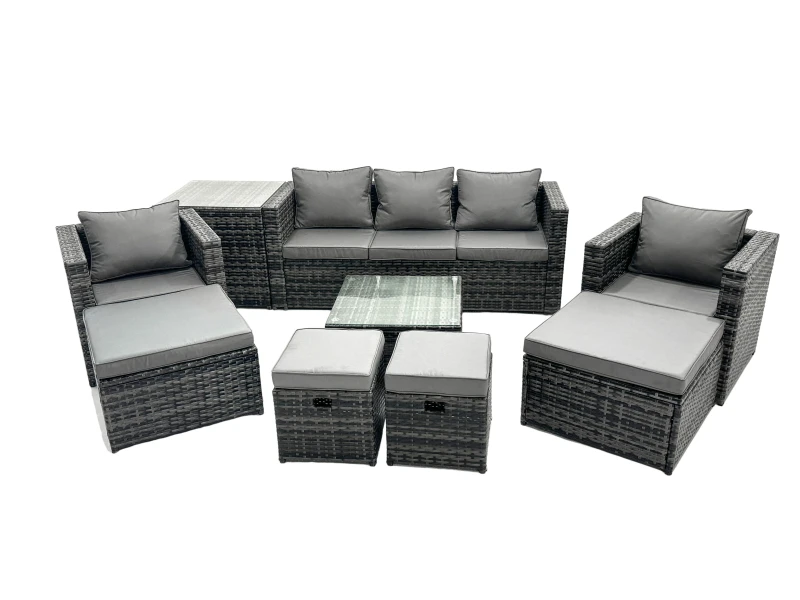 Image of Fimous 9 Seater Patio Lounge Sofa Set with Side Table 4 Footstool in Dark Grey Dark Grey Unisex