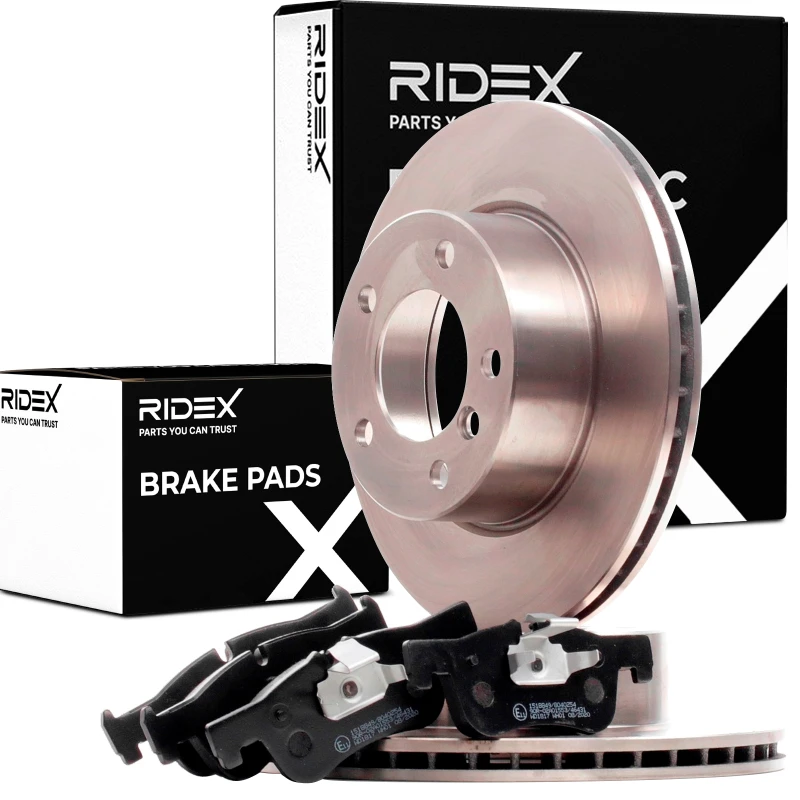 Image of RIDEX 3405B1157 Brake disc and pads set Front Axle, Brake Disc Type: Externally Vented, with piston clip Brake Set,disc brakes (3405)