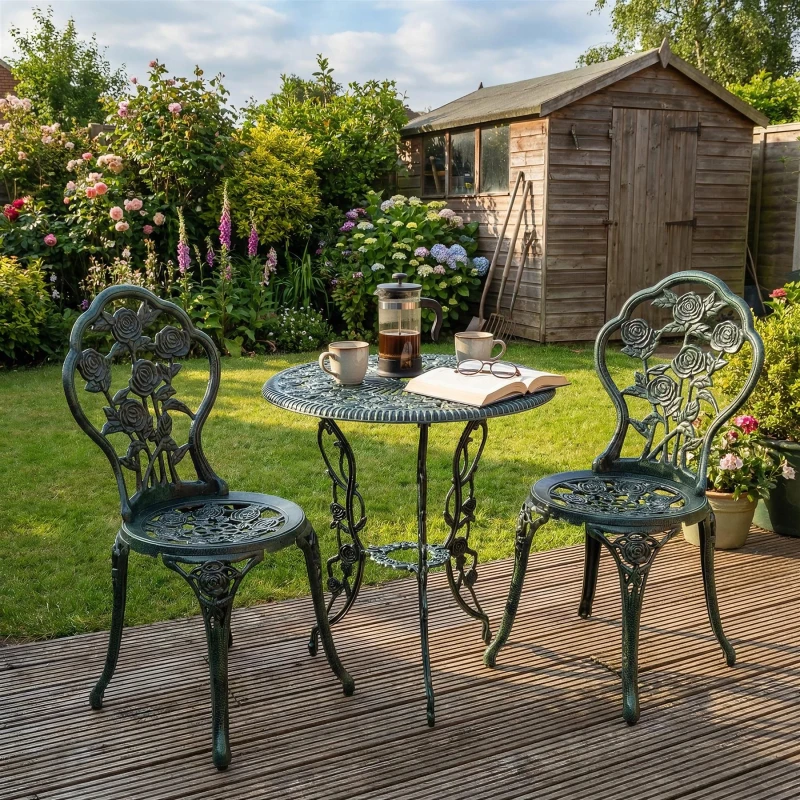 Image of Home Source Rose Floral Outdoor Garden Patio Bistro Set Bottle Green