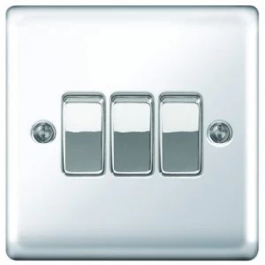 image of Wickes 10A Light Switch 3 Gang 2 Way Polished Chrome Raised Plate