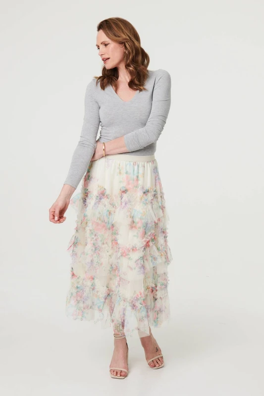 Image of Izabel London Womens Floral Semi Sheer Mesh Ruffled Midi Skirt in White Size: 12-14 White Female 12-14