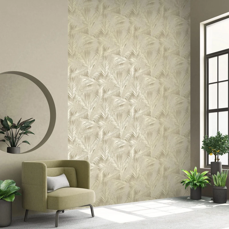 Image of Muriva Llana Leaf Wallpaper, Cream & Pearl