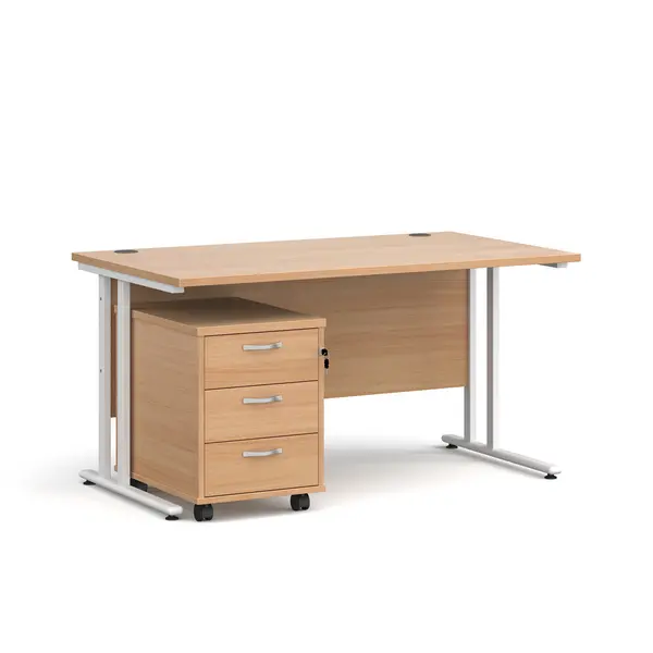 image of Maestro 25 Straight Desk White Frame Beech Table Top and 3 Drawer Pedestal - 1400mm