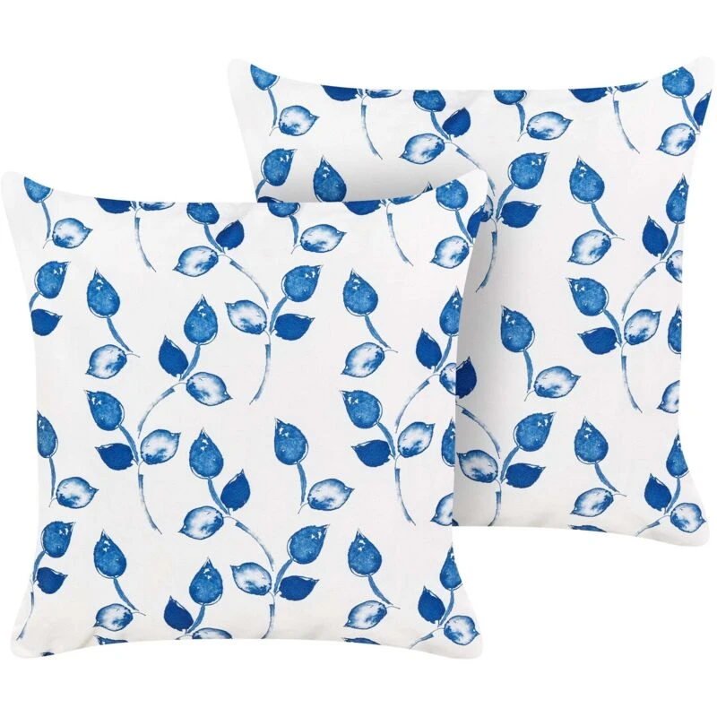 Image of Beliani Set Of 2 Outdoor Cushions Torbora Plant Pattern 45 X 45cm White Blue