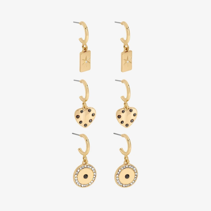 Image of Mood Gold Plated Heart Charm Earrings - Pack of 3 Gold female One Size