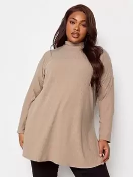 Image of Yours Oversized Turtle Neck Rib Ls T-Shirt. Stone, Natural, Size 18, Women