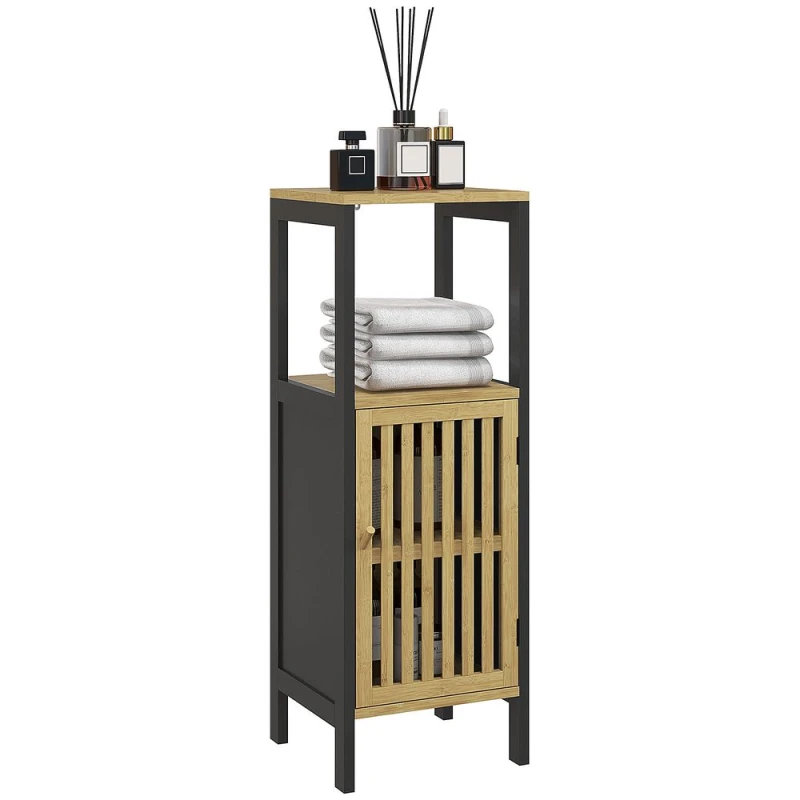 Image of HOMCOM Slim Bathroom Cabinet Free Standing Bamboo Cupboard with Shelf Black
