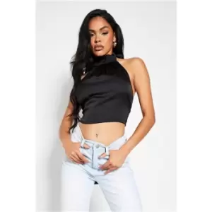 image of I Saw It First Satin Halterneck Tie Back Button Detail Crop Top - Black