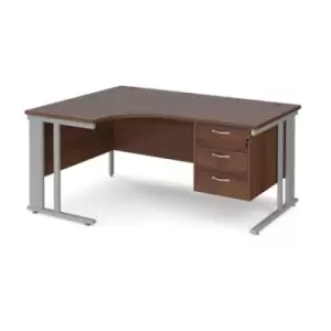 image of Office Desk Left Hand Corner Desk 1600mm With Pedestal Walnut Top With Silver Frame 1200mm Depth Maestro 25 MCM16ELP3SW