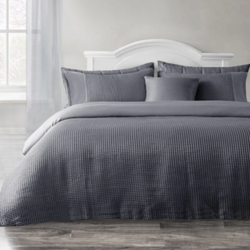 Image of Velosso Waffle Weave Duvet Cover Set With Pillowcases, Button Enclosure Textured Duvet, Easy-Care Quilt Cover - Charcoal