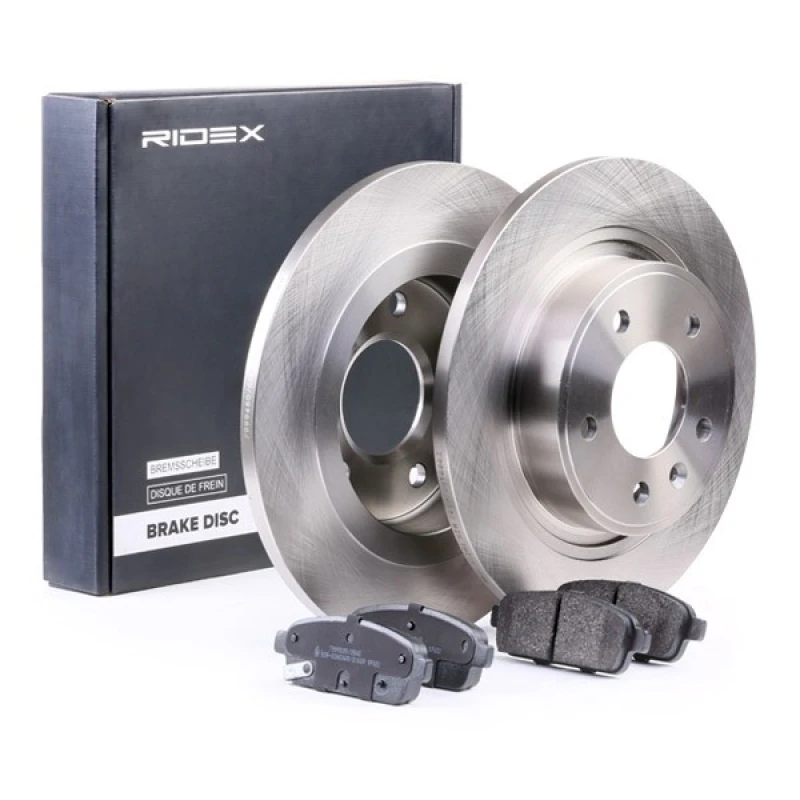 Image of RIDEX 3405B0215 Brake disc and pads set Rear Axle, Brake Disc Type: Solid, with acoustic wear warning Brake Set,disc brakes (3405)