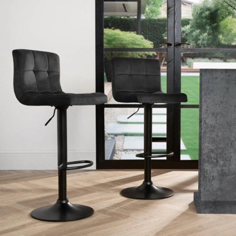 Image of OHS OHS Adjustable Bar Stools x 2 Velvet Swivel Pub Seat Kitchen Breakfast Counter Chair in Black One Size Unisex 5027434198597