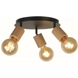 Image of Searchlight Spinny 3 Light Round Spotlight- Wood & Black Metal