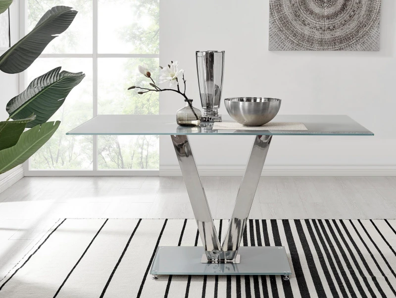 Image of FurnitureboxUK FurnitureboxUK Florini 140cm 6-Seater Glass And Metal V-Legged Dining Table in Grey Grey One Size Unisex 5056542636158